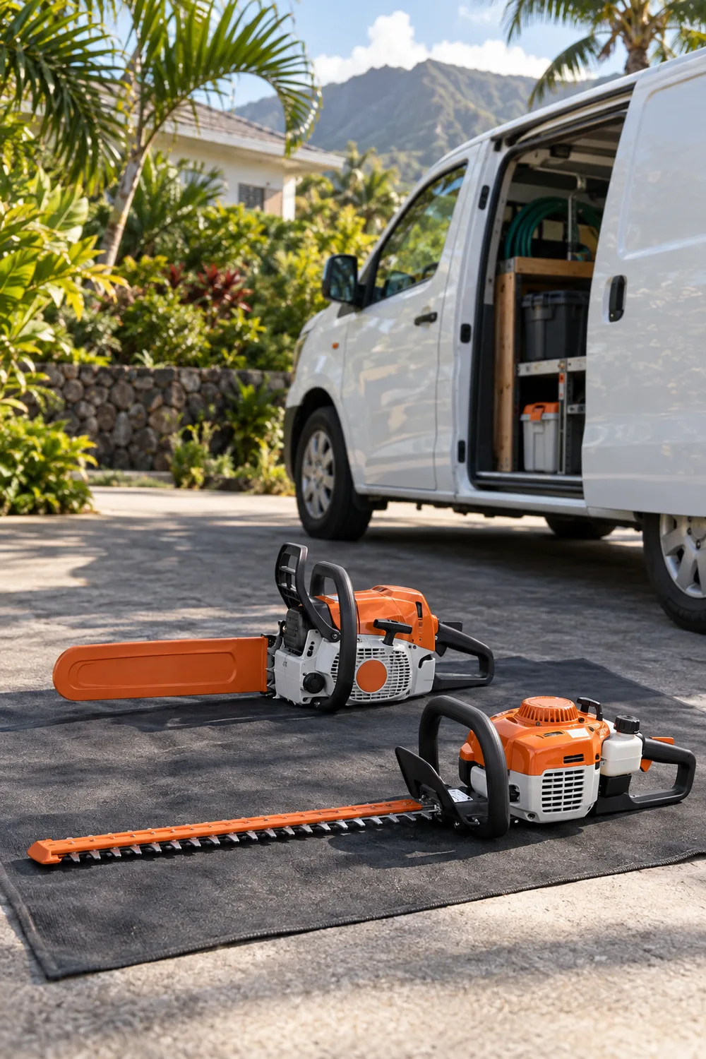 Matériel professionnel de jardinage devant un utilitaire de service à La Réunion