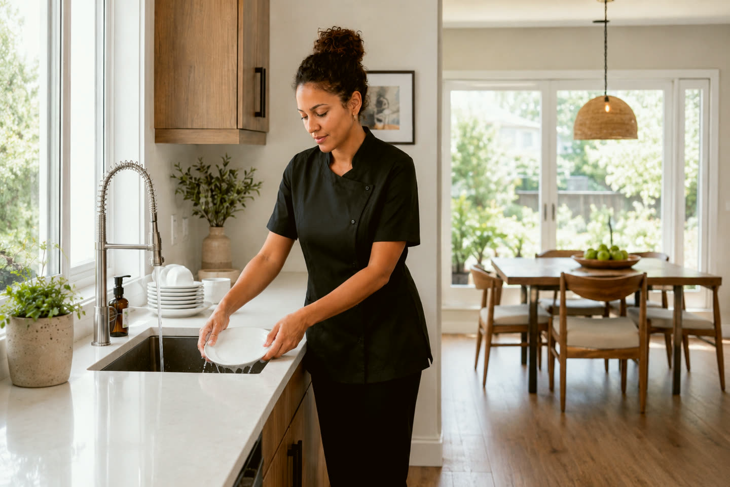 Cuisine lumineuse entretenue avec un sanitaire propre visible en arrière-plan