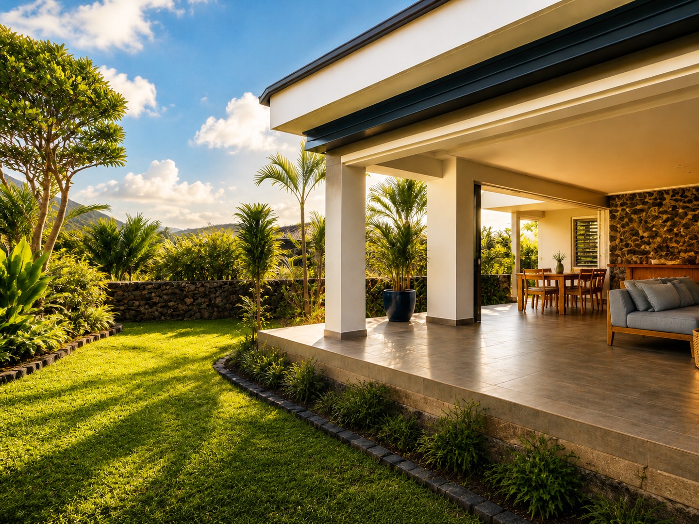 Maison réunionnaise ouverte sur une terrasse et un jardin entretenu